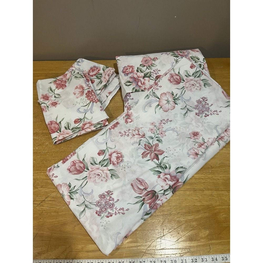 Vtg Cannon Cottagecore Full Sheet Set Garden Country Rose Floral White Pink‎